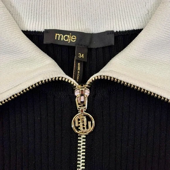 MAJE dress two tone Black Ribbed full gold zip contrast collar FR 34 US 0 XS - Picture 13 of 15